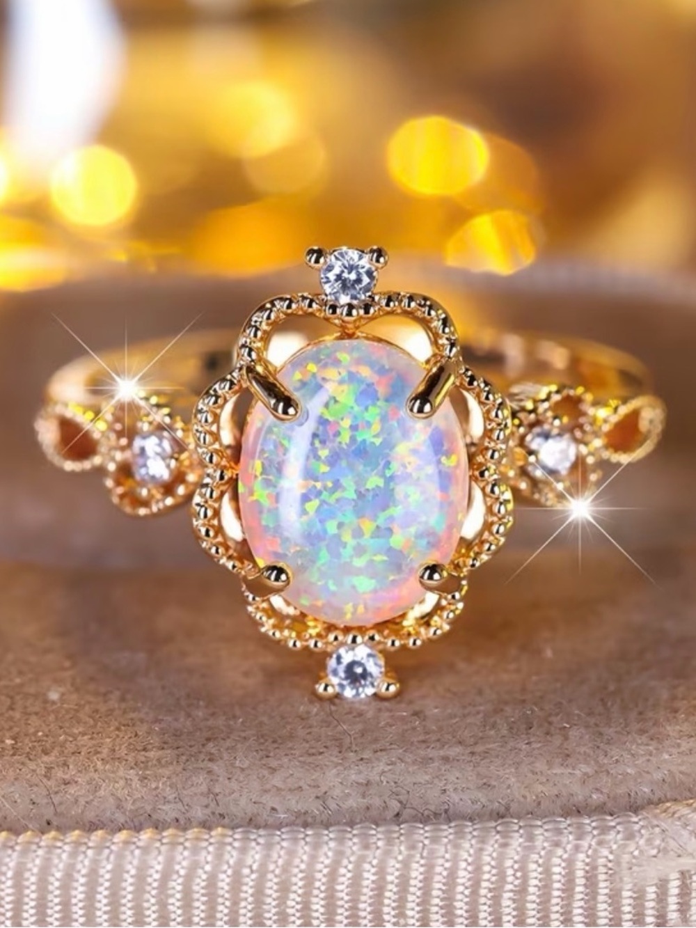 Gold Opal Sparkling Opalescent White Ring.